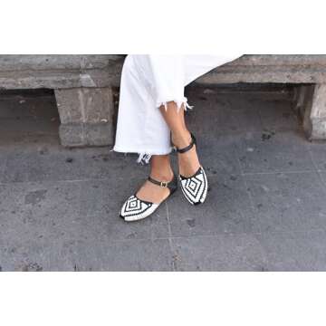 Macarena Collection Sandals women Huarache Sandal Colorful Leather Mexican Style 2150 (White with Black, US Footwear Size System, Adult, Women, Numeric, Medium, 6)