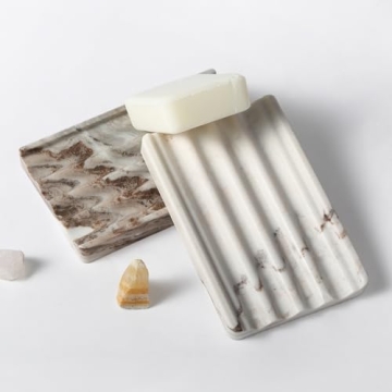 Koville Natural Marble Soap Dish for Shower, Stone Soap Tray for Bathroom, Bar Soap Holder for Sink, Stripe Grooves Soap Saver Stone Soap Dish Keep Soap Bars Dry Easy Clean(Palissandro Classico)