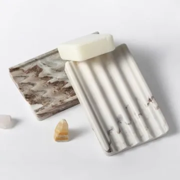 Koville Natural Marble Soap Dish for Shower, Stone Soap Tray for Bathroom, Bar Soap Holder for Sink, Stripe Grooves Soap Saver Stone Soap Dish Keep Soap Bars Dry Easy Clean(Palissandro Classico)