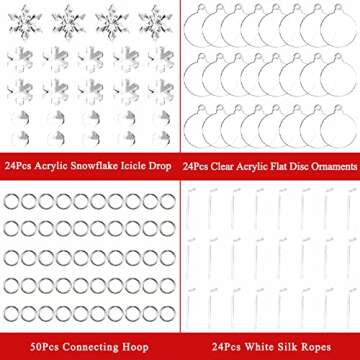 24 Pack Christmas Tree Ornaments Set - 3 Inch Clear Acrylic Flat Disc Ornaments DIY Christmas Crafts with Transparent Crystal Snowflakes for Christmas Winter New Year Party Hanging Decorations