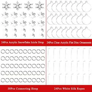 24 Pack Christmas Tree Ornaments Set - 3 Inch Clear Acrylic Flat Disc Ornaments DIY Christmas Crafts with Transparent Crystal Snowflakes for Christmas Winter New Year Party Hanging Decorations