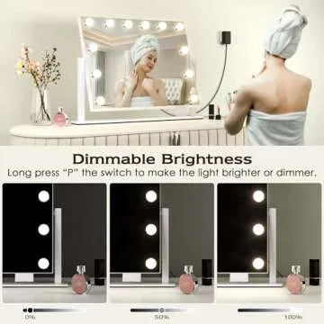 LuxeVue Vanity Mirror with Lights, Makeup Mirror, Lighted Hollywood Mirror with Dimmable 3 Color Lights, Detachable 10X Spot Mirror, 360° Rotation, Touch Control, Plug-in and USB Charger for Bedroom