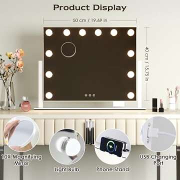 LuxeVue Vanity Mirror with Lights, Makeup Mirror, Lighted Hollywood Mirror with Dimmable 3 Color Lights, Detachable 10X Spot Mirror, 360° Rotation, Touch Control, Plug-in and USB Charger for Bedroom