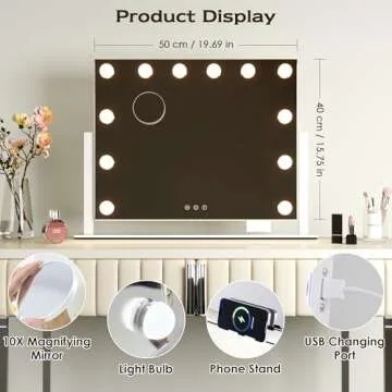 LuxeVue Vanity Mirror with Lights, Makeup Mirror, Lighted Hollywood Mirror with Dimmable 3 Color Lights, Detachable 10X Spot Mirror, 360° Rotation, Touch Control, Plug-in and USB Charger for Bedroom