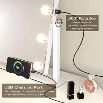 LuxeVue Vanity Mirror with Lights, Makeup Mirror, Lighted Hollywood Mirror with Dimmable 3 Color Lights, Detachable 10X Spot Mirror, 360° Rotation, Touch Control, Plug-in and USB Charger for Bedroom