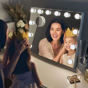 LuxeVue Vanity Mirror with Lights, Makeup Mirror, Lighted Hollywood Mirror with Dimmable 3 Color Lights, Detachable 10X Spot Mirror, 360° Rotation, Touch Control, Plug-in and USB Charger for Bedroom