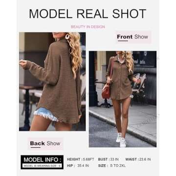 Dokotoo Women Waffle Knit Shirts Long Sleeve Plus Size Blouses Lightweight Collared V Neck Tops Solid Button Up Blouses Casual Fashion Spring Cardigan Brown Medium