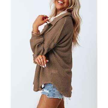 Dokotoo Women Waffle Knit Shirts Long Sleeve Plus Size Blouses Lightweight Collared V Neck Tops Solid Button Up Blouses Casual Fashion Spring Cardigan Brown Medium