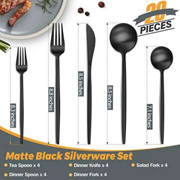 Luxury Matte Black Silverware Set, 20-Piece 18/8 Stainless Steel Flatware Sets for 4, Silverware Fla...