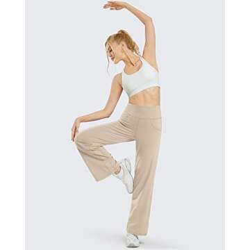 Promover Women's Wide Leg Trousers Pants Yoga Work Pants with Pockets Lightweight Flared Dress Pants for Walking Hiking(Light Khaki,S,30")