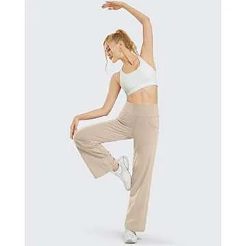 Promover Women's Wide Leg Trousers Pants Yoga Work Pants with Pockets Lightweight Flared Dress Pants for Walking Hiking(Light Khaki,S,30")