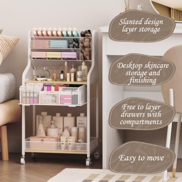 Rolling Makeup Cart with Wheels - White Storage Organizer