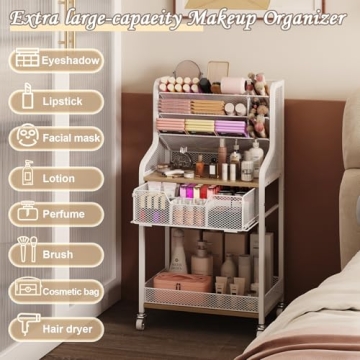 Rolling Makeup Cart with Wheels - White Storage Organizer