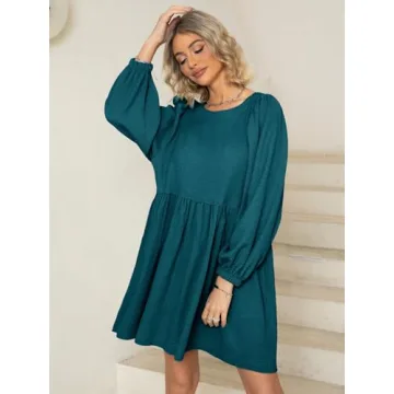 Glamaker Womens Flowy Summer Tunic Dress Puff Sleeve Crew Neck Casual Babydoll Mini Dresses 2024 Dark Green S