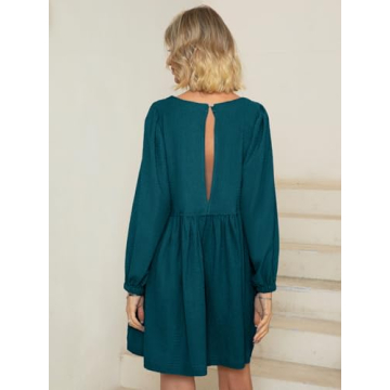 Glamaker Womens Flowy Summer Tunic Dress Puff Sleeve Crew Neck Casual Babydoll Mini Dresses 2024 Dark Green S