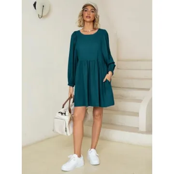 Glamaker Womens Flowy Summer Tunic Dress Puff Sleeve Crew Neck Casual Babydoll Mini Dresses 2024 Dark Green S