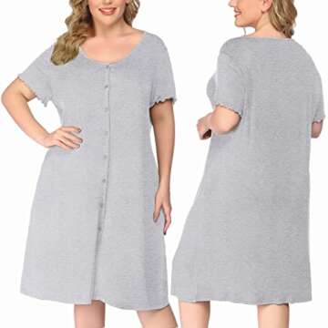Ekouaer Women's Nightshirt Short Sleeve Button Down Nightgown V-Neck Sleepwear Pajama Dress Light Grey