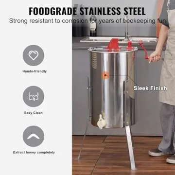 VEVOR Honey Extractor, 2/4 Frame Stainless Steel Manual Beekeeping Extraction, Honeycomb Drum Spinner with Transparent Lid, Apiary Centrifuge Equipment with Height Adjustable Stand, Silver