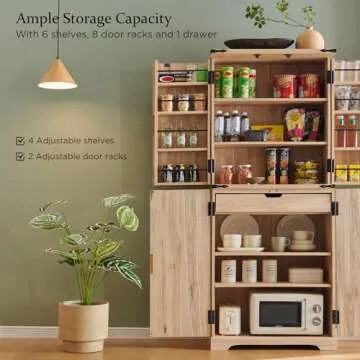 ACCOHOHO Fluted Pantry Cabinet, 72" Tall Modern Storage Cabinet with 4 Doors, Organizer, Drawer and Adjustable Shelves, Wood Cupboard for Kitchen, Dining Room, Living Room and Bathroom, Natural Oak