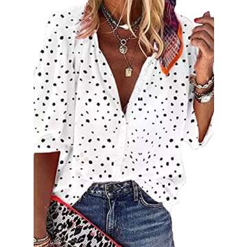 Tazaiy Women Summer Colorful Chiffon Button Blouse Floral Leaves Printed 3/4 Balloon Sleeve Classic Casual Loose Blouses Tee Shirt POM POM Flowy Boho Summer Tops