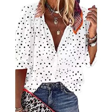 Tazaiy Women Summer Colorful Chiffon Button Blouse Floral Leaves Printed 3/4 Balloon Sleeve Classic Casual Loose Blouses Tee Shirt POM POM Flowy Boho Summer Tops