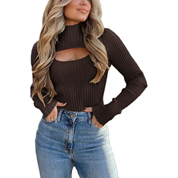 PRETTYGARDEN Women’s 2025 Fashion Fall Clothes 2 Piece Cutout Tops Long Sleeve Mock Neck Rib Knit ...