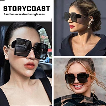 STORYCOAST Oversized Square Sunglasses for Women Fashion Large Shield Shades UV400 Protection (Black Frame-Gradient Gray Lens, 62)