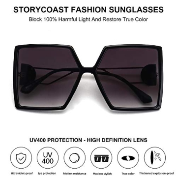 STORYCOAST Oversized Square Sunglasses for Women Fashion Large Shield Shades UV400 Protection (Black Frame-Gradient Gray Lens, 62)