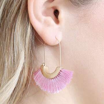 Bohemian Silky Thread Tassel Strand Fringe Statement Hoop Earrings - Lightweight Semi Circle Fan Thr...