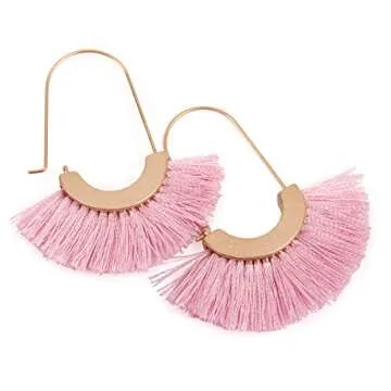 Bohemian Silky Thread Tassel Strand Fringe Statement Hoop Earrings - Lightweight Semi Circle Fan Threader, Mermaid Hoops (Fan Tassel Threader - Pink)
