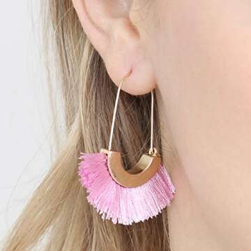 Bohemian Silky Thread Tassel Strand Fringe Statement Hoop Earrings - Lightweight Semi Circle Fan Threader, Mermaid Hoops (Fan Tassel Threader - Pink)