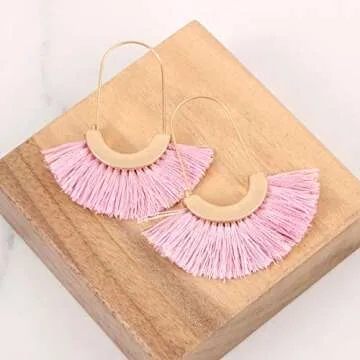 Bohemian Silky Thread Tassel Strand Fringe Statement Hoop Earrings - Lightweight Semi Circle Fan Threader, Mermaid Hoops (Fan Tassel Threader - Pink)