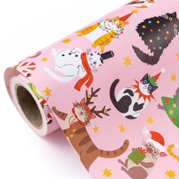 WRAPAHOLIC Christmas Wrapping Paper - Mini Roll - Adorable Cat Design for Holiday Gifts
