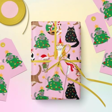 WRAPAHOLIC Christmas Wrapping Paper - Cat Design, 17x33 ft