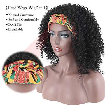 Aisaide Kinky Curly Headband Wig, Short Afro Curly Headband Wigs for Black Women, Synthetic Headwrap Black Wig with Headband Attached Head Wrap Wigs 2 in 1 Heat Resistant Full Curly Wigs for Women