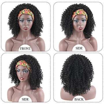 Aisaide Kinky Curly Headband Wig, Short Afro Curly Headband Wigs for Black Women, Synthetic Headwrap Black Wig with Headband Attached Head Wrap Wigs 2 in 1 Heat Resistant Full Curly Wigs for Women