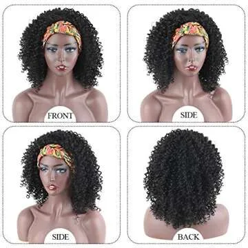 Aisaide Kinky Curly Headband Wig, Short Afro Curly Headband Wigs for Black Women, Synthetic Headwrap Black Wig with Headband Attached Head Wrap Wigs 2 in 1 Heat Resistant Full Curly Wigs for Women