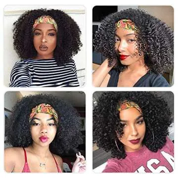 Aisaide Kinky Curly Headband Wig, Short Afro Curly Headband Wigs for Black Women, Synthetic Headwrap Black Wig with Headband Attached Head Wrap Wigs 2 in 1 Heat Resistant Full Curly Wigs for Women