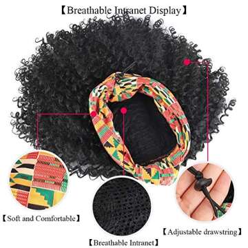 Aisaide Kinky Curly Headband Wig, Short Afro Curly Headband Wigs for Black Women, Synthetic Headwrap Black Wig with Headband Attached Head Wrap Wigs 2 in 1 Heat Resistant Full Curly Wigs for Women