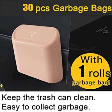 Mupfaga Car Trash Can, Mini Plastics Can Bin with Lid and 30pcs Bags Small Garbage Leakproof Accessories (6x5.5x2.5IN) Dustbin Organizer Container for Office Home-Pink