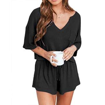Ezbelle Women's V Neck Waffle Knit Pajamas Set Short Sleeve Crop Tops with Shorts 2 Piece Outfit Set Black Small