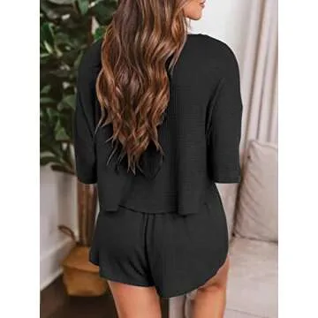 Ezbelle Women's V Neck Waffle Knit Pajamas Set Short Sleeve Crop Tops with Shorts 2 Piece Outfit Set Black Small