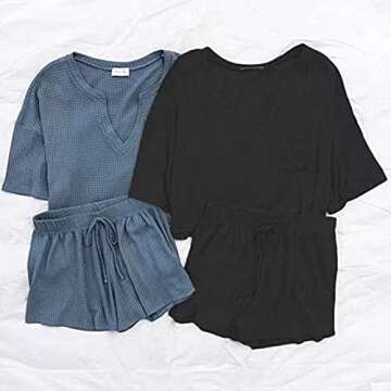 Ezbelle Women's V Neck Waffle Knit Pajamas Set Short Sleeve Crop Tops with Shorts 2 Piece Outfit Set Black Small