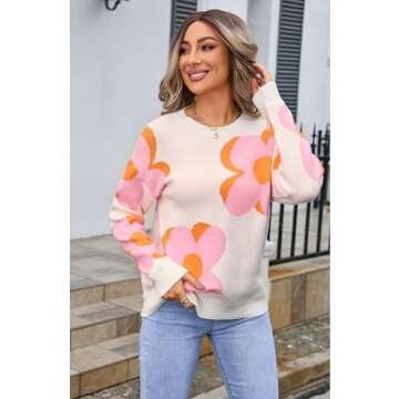 Angashion Women Long Sleeve Sweater - Fall Casual Crewneck Knit Tops Floral Print Cute Loose Pullove...