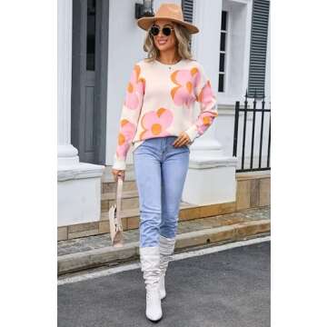 Angashion Women Long Sleeve Sweater - Fall Casual Crewneck Knit Tops Floral Print Cute Loose Pullover Jumper White Medium