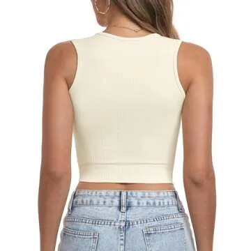OLCHEE Womens Ribbed Crop Tank Tops Seamless Square Neck Trendy Going Out Basic Shirts 2024 Summer Slim Fit Sexy Y2K Top - Cream Medium