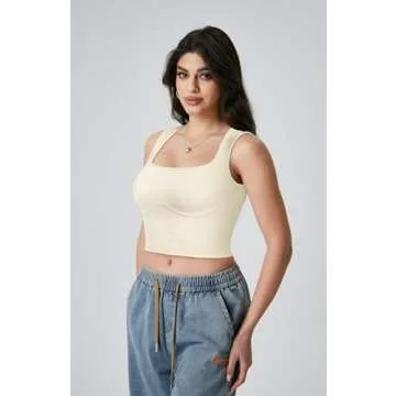 OLCHEE Womens Ribbed Crop Tank Tops Seamless Square Neck Trendy Going Out Basic Shirts 2024 Summer Slim Fit Sexy Y2K Top - Cream Medium