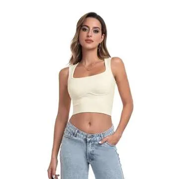 OLCHEE Womens Ribbed Crop Tank Tops Seamless Square Neck Trendy Going Out Basic Shirts 2024 Summer Slim Fit Sexy Y2K Top - Cream Medium