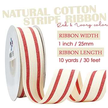 MEEDEE Natural Cotton Ribbon Stripes - 1 inch Red and White Ribbon for DIY Crafts (10 Yards)