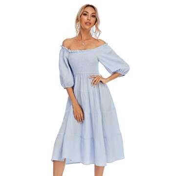 R.Vivimos Women's Summer Cotton Lantern Sleeve Ruffled Off Shoulder A-Line Midi Dress (XL, SkyBlue)